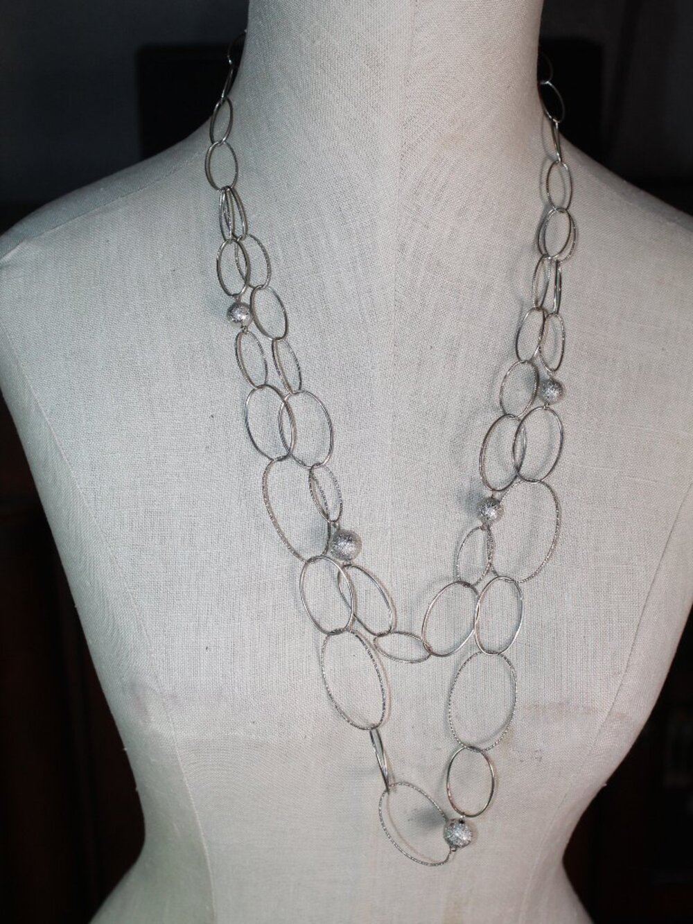 Double Strand Silver-Toned Oval Loop w Sparkling Silver-Toned Balls 30" Necklace